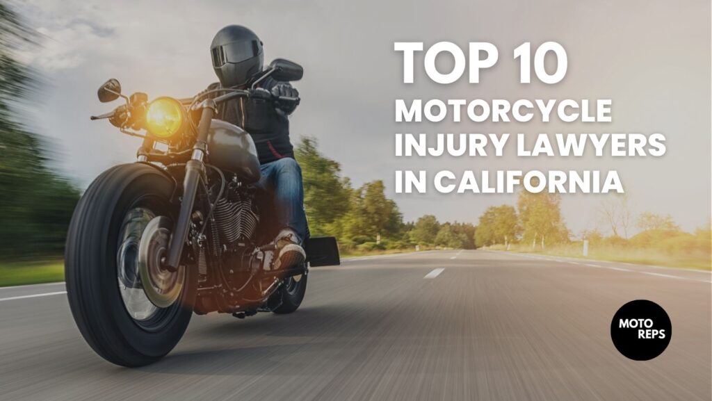 photograph of a motorcyclist wearing a helmet riding at high speed with a text overlay that says "top 10 motorcycle injury lawyers in california"