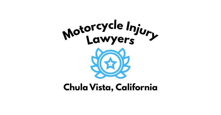 Black text on a white background reading Motorcycle Injury Lawyers Chula Vista, California with a light blue star badge with surrounded by laurel leaves.