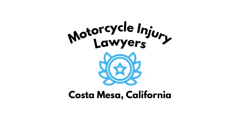 Black text on a white background reading Motorcycle Injury Lawyers Costa Mesa, California with a light blue star badge with surrounded by laurel leaves.