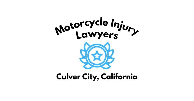 Black text on a white background reading Motorcycle Injury Lawyers Culver City, California with a light blue star badge with surrounded by laurel leaves.
