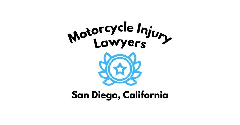 Black text on a white background reading Motorcycle Injury Lawyers San Diego, California with a light blue star badge with surrounded by laurel leaves.