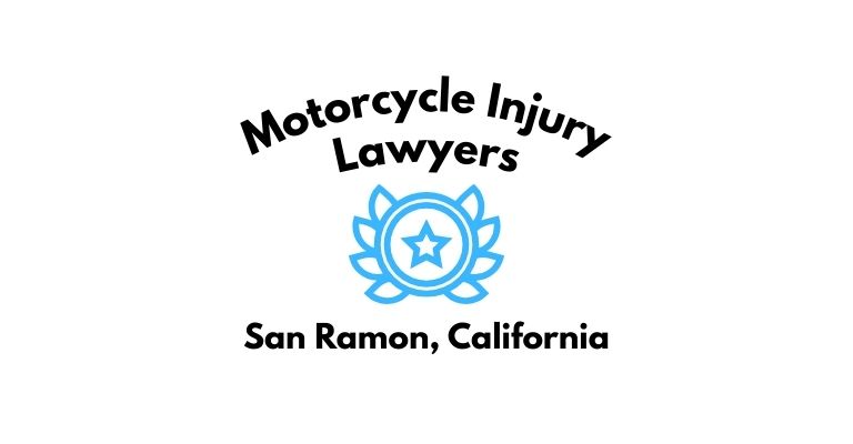 Black text on a white background reading Motorcycle Injury Lawyers San Ramon, California with a light blue star badge with surrounded by laurel leaves.